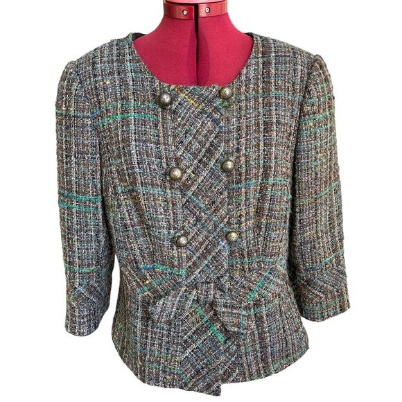 Trina Turk Women’s Size 12 Wool Blend Tweed Blazer Bow Detail - Picture 1 of 7